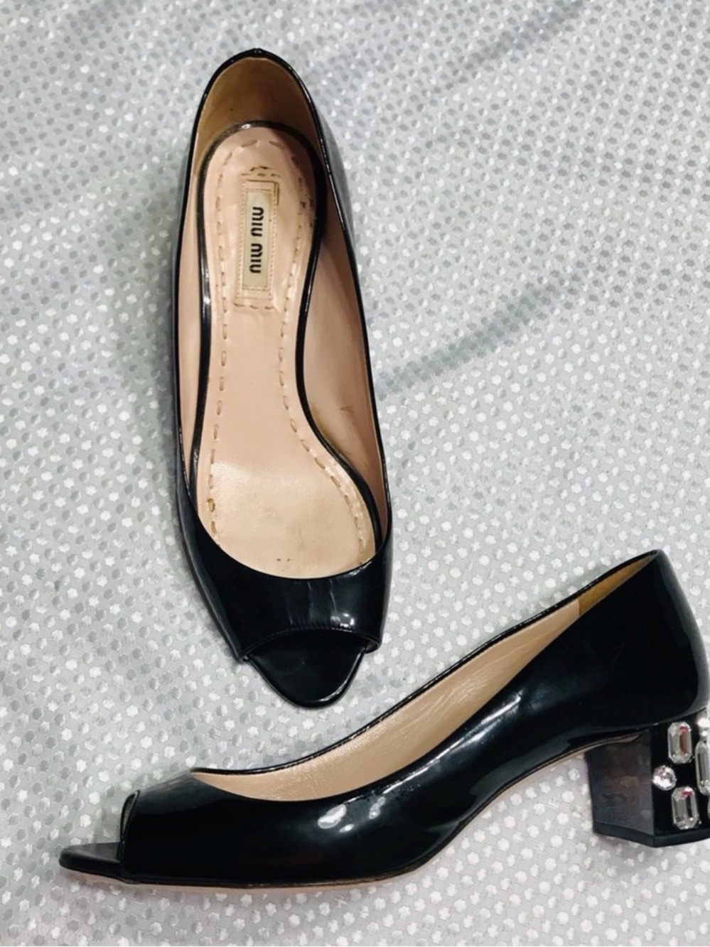MIU MIU Peep Toe Patent Leather Crystal Heels